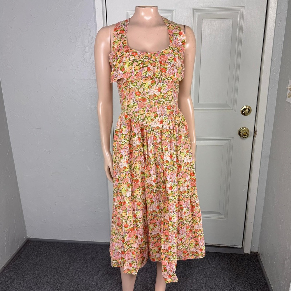 Vintage 50s 60s handmade Dress Floral Cotton Ruffle Cottage Open Pockets C4-23